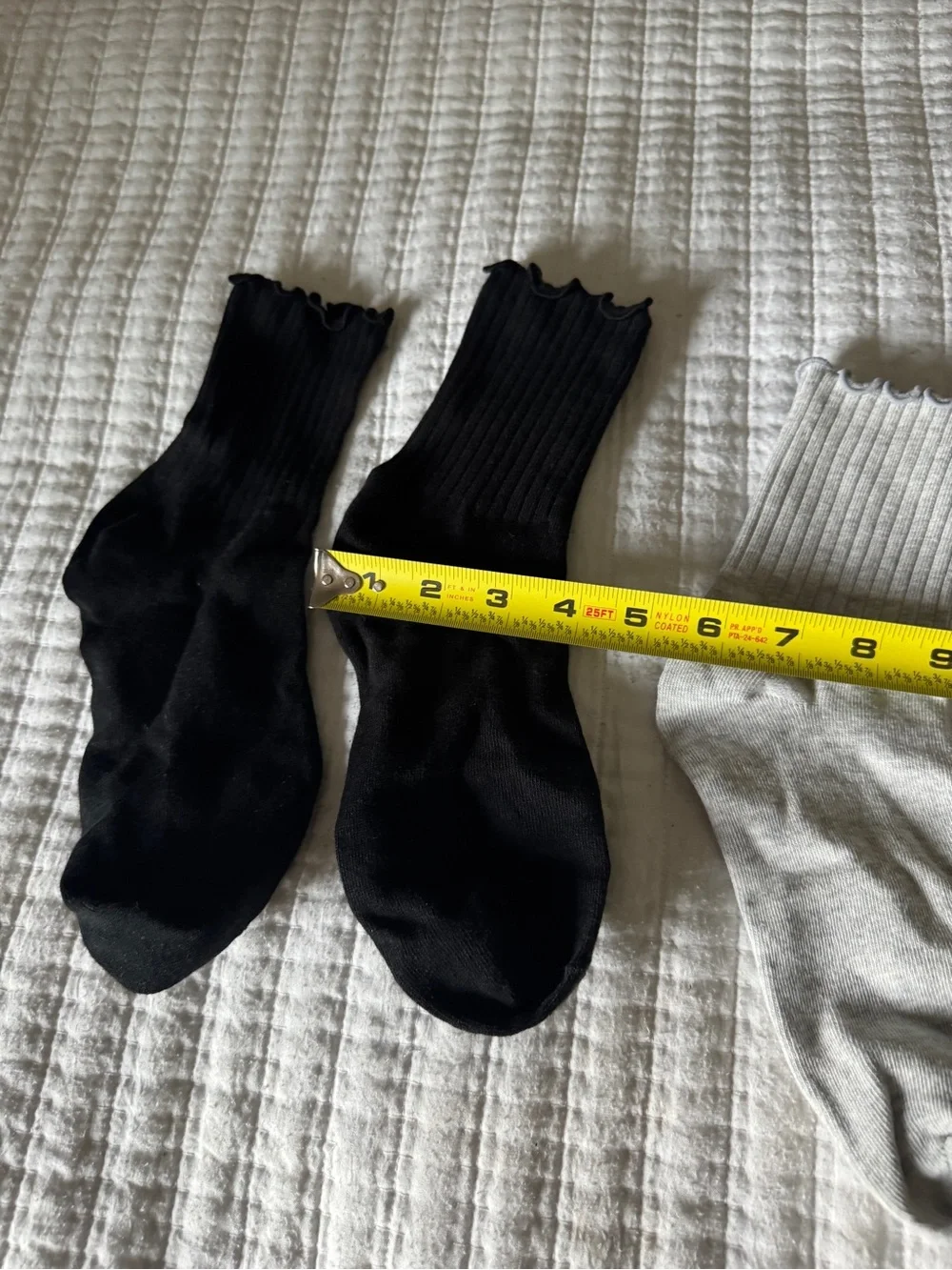Set of 2 Ruffle Ankle Crew Socks Black & Heather Grey Lettuce Edge Trim Coquette